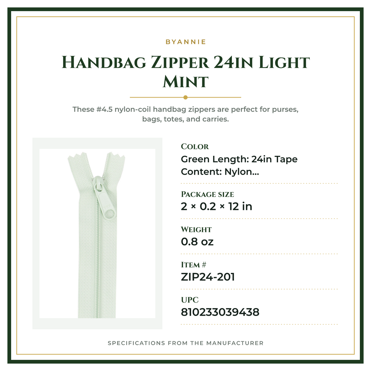 Product Specifications – Handbag Zipper 24in Light Mint