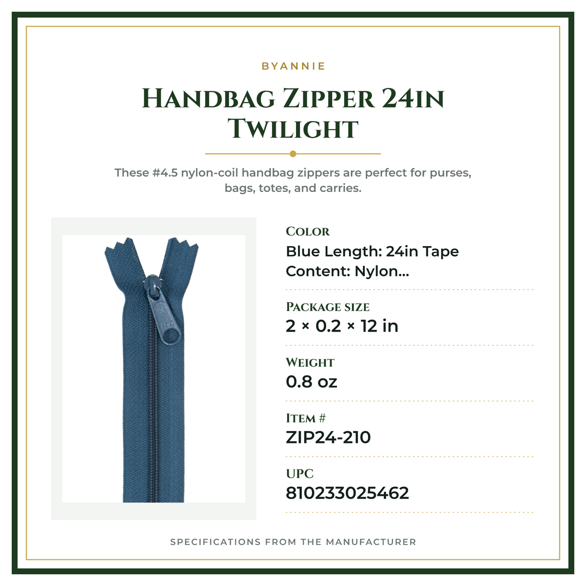 Product Specifications – Handbag Zipper 24in Twilight