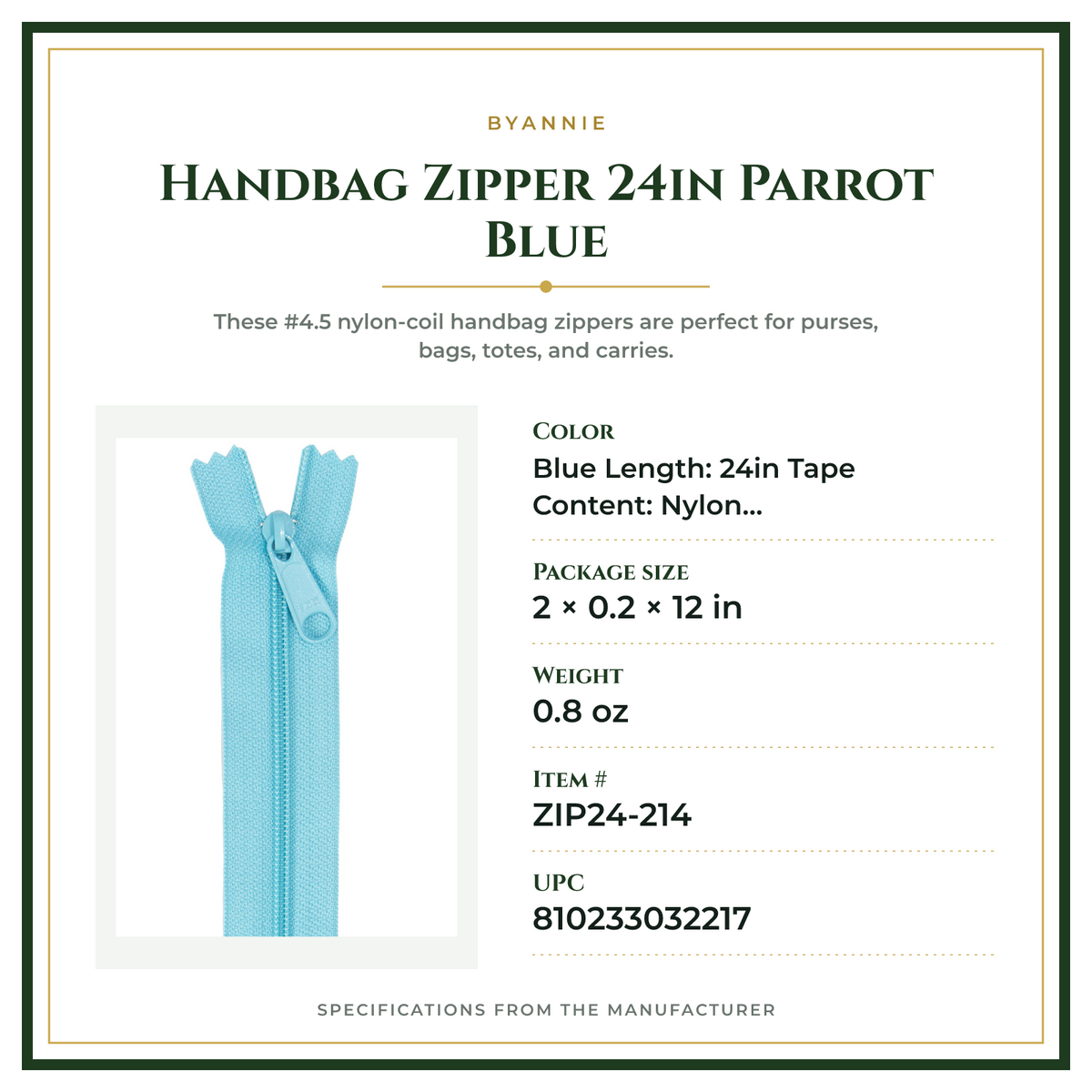 Product Specifications – Handbag Zipper 24in Parrot Blue