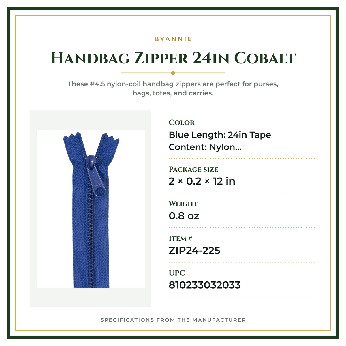 Product Specifications – Handbag Zipper 24in Cobalt