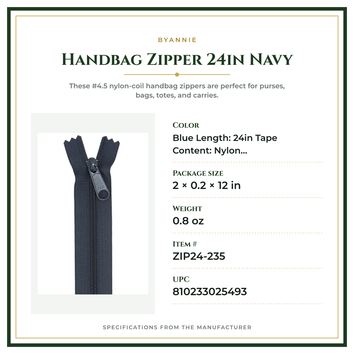 Product Specifications – Handbag Zipper 24in Navy