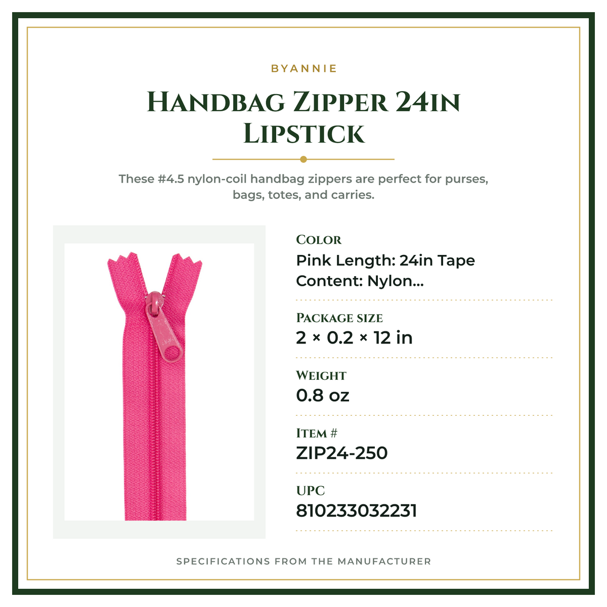 Product Specifications – Handbag Zipper 24in Lipstick
