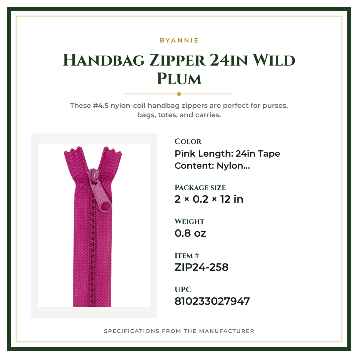 Product Specifications – Handbag Zipper 24in Wild Plum