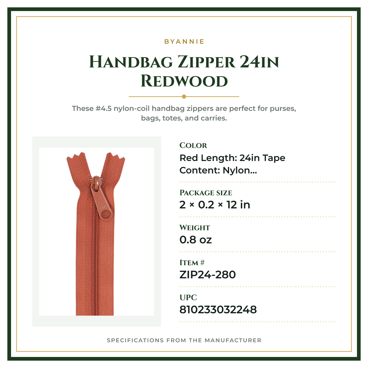 Product Specifications – Handbag Zipper 24in Redwood