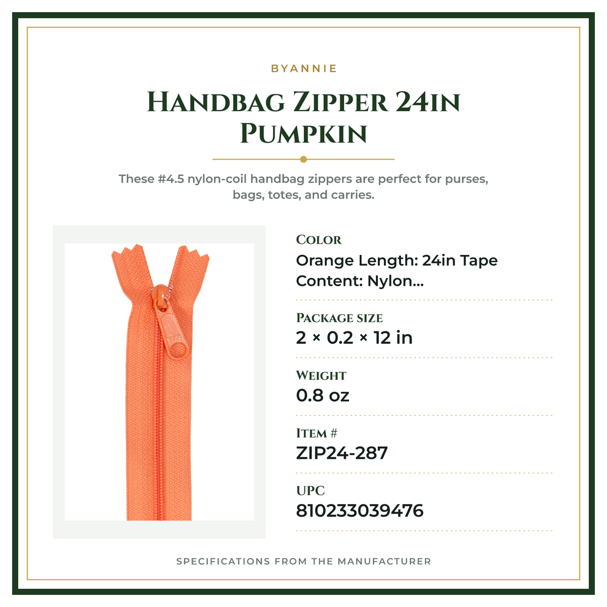 Product Specifications – Handbag Zipper 24in Pumpkin
