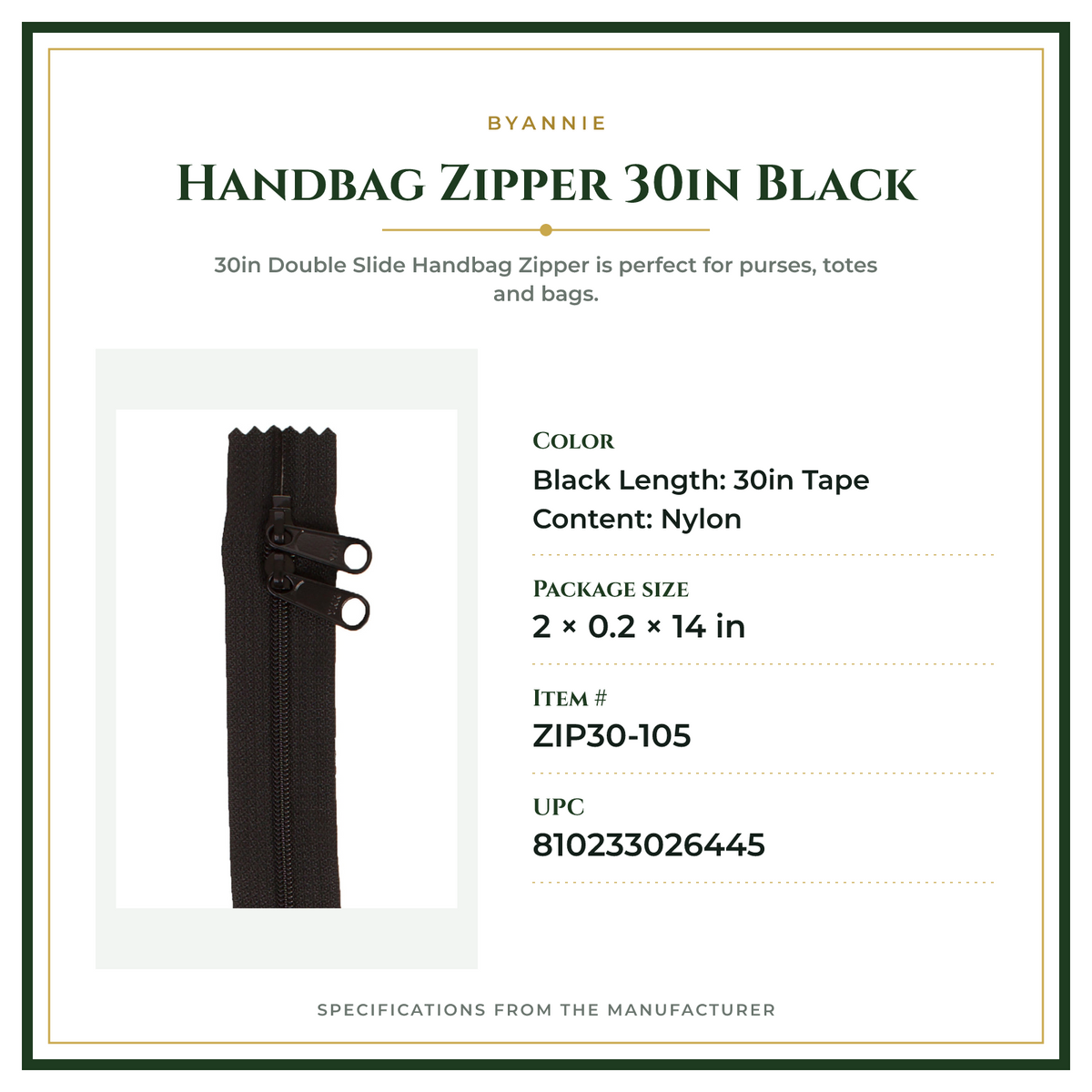 Product Specifications – Handbag Zipper 30in Black