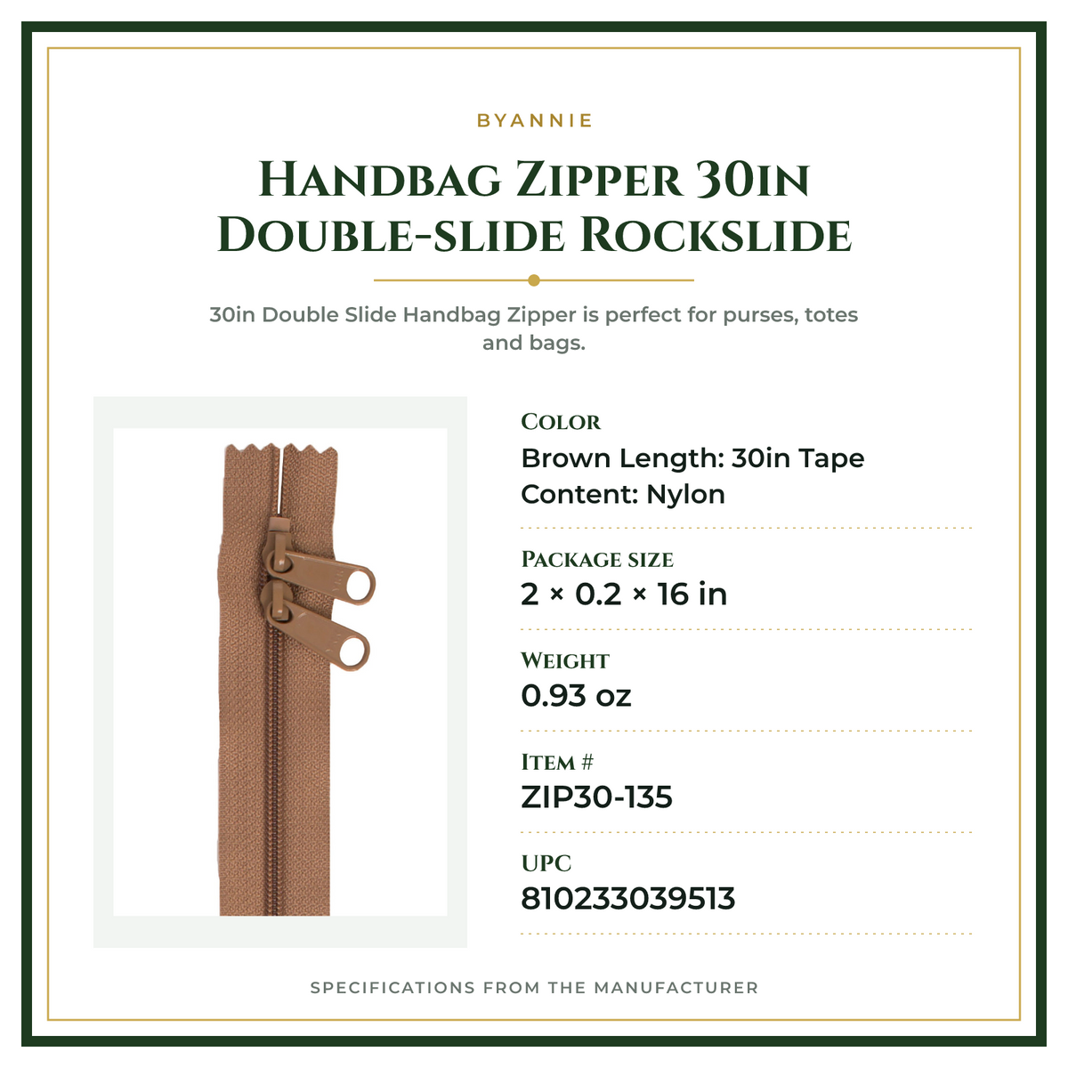 Product Specifications – Handbag Zipper 30in Double-slide Rockslide