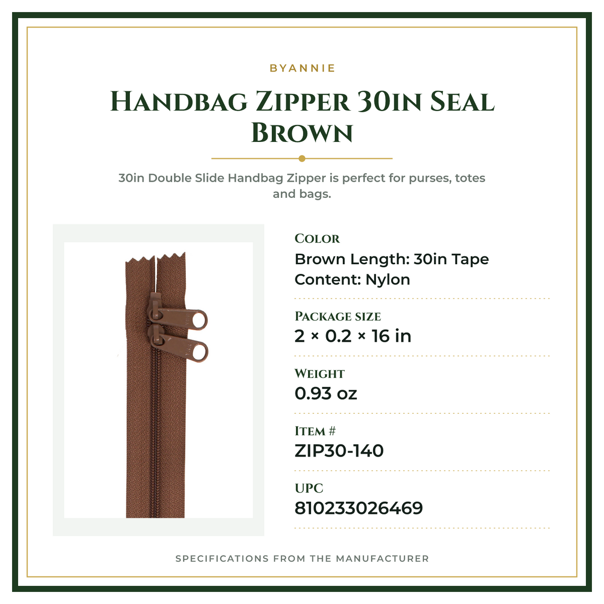 Product Specifications – Handbag Zipper 30in Seal Brown