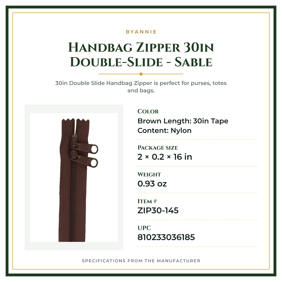 Product Specifications – Handbag Zipper 30in Double-Slide - Sable
