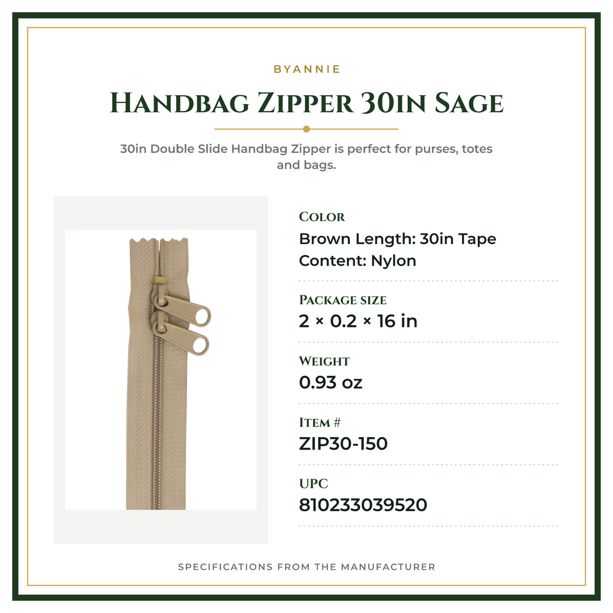Product Specifications – Handbag Zipper 30in Sage