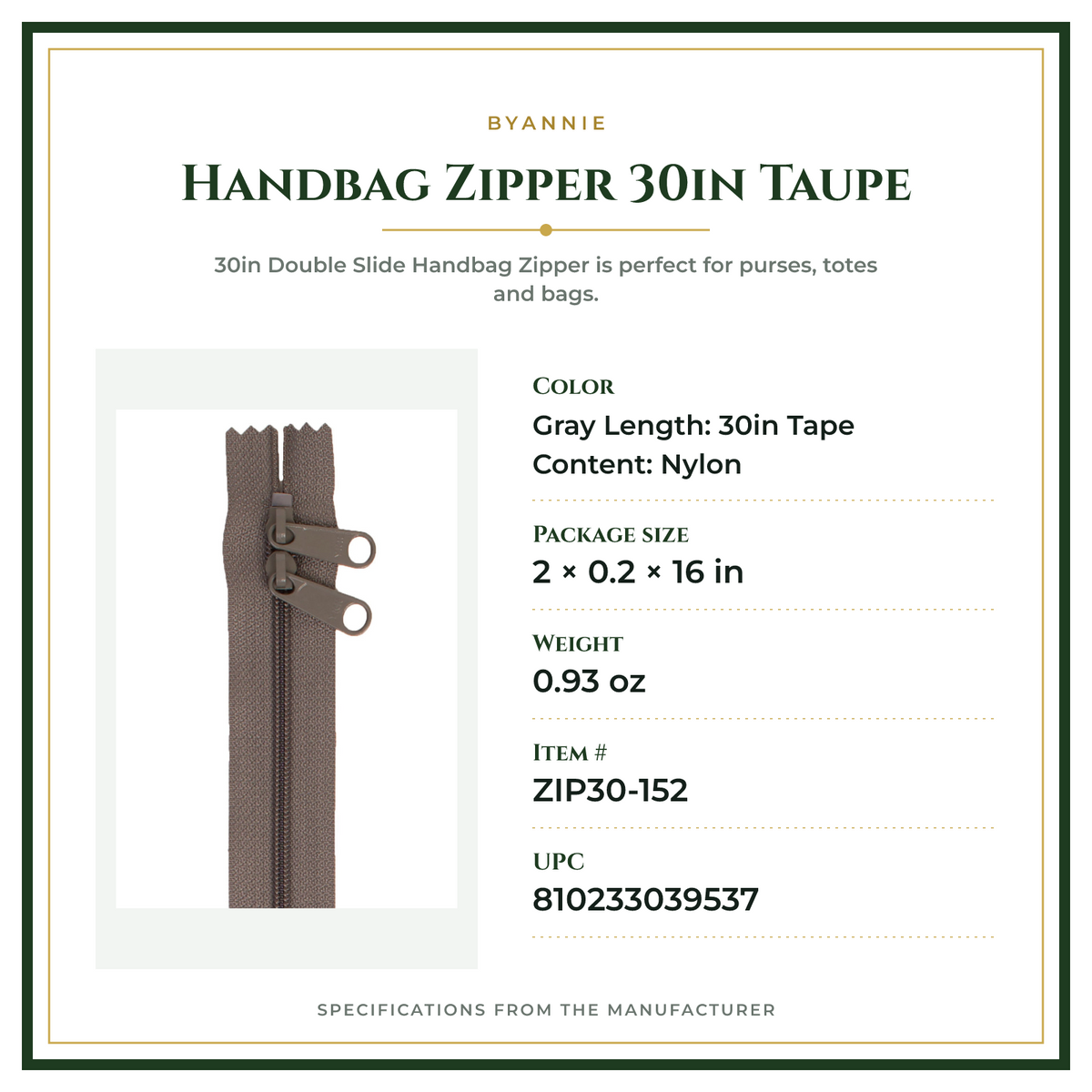 Product Specifications – Handbag Zipper 30in Taupe