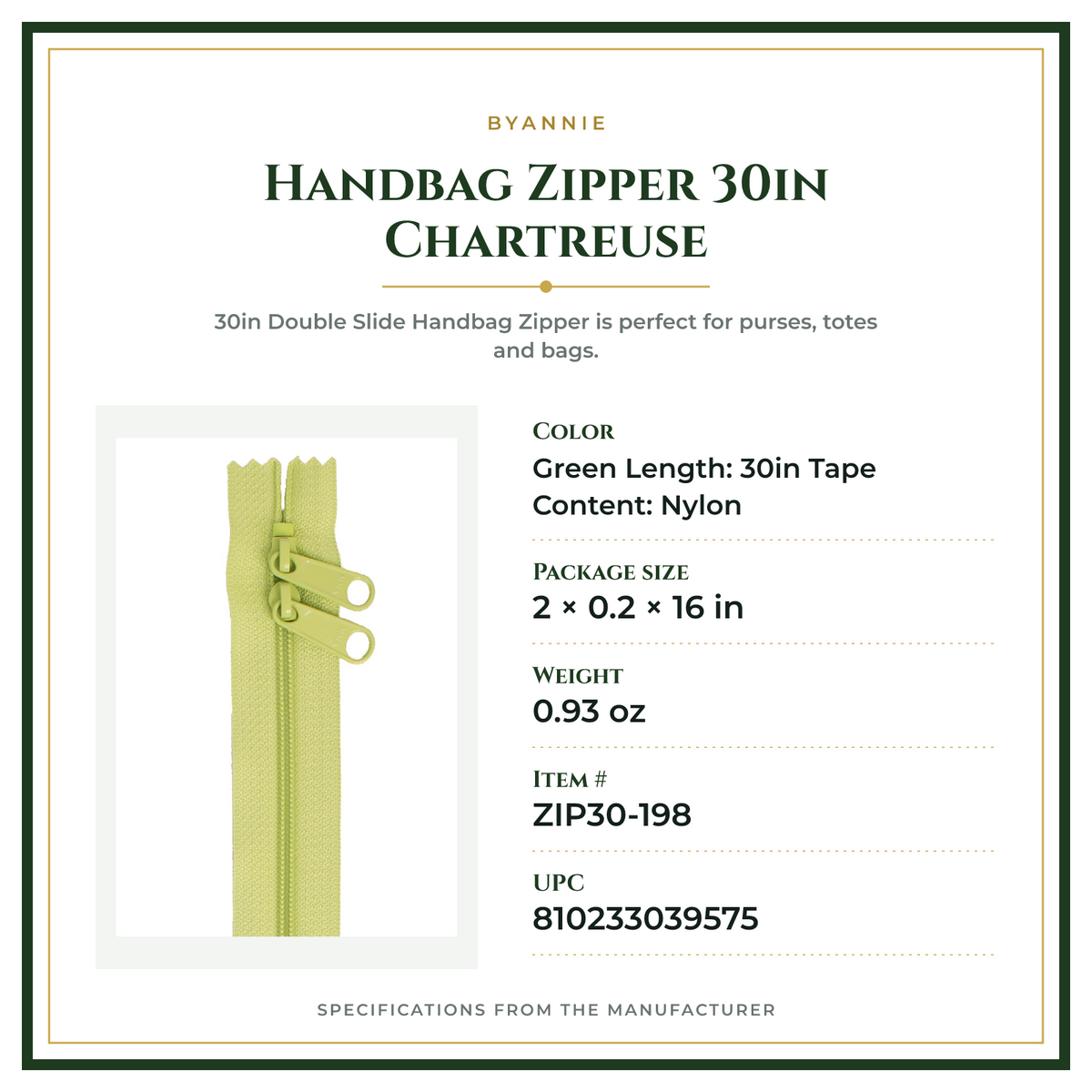 Product Specifications – Handbag Zipper 30in Chartreuse