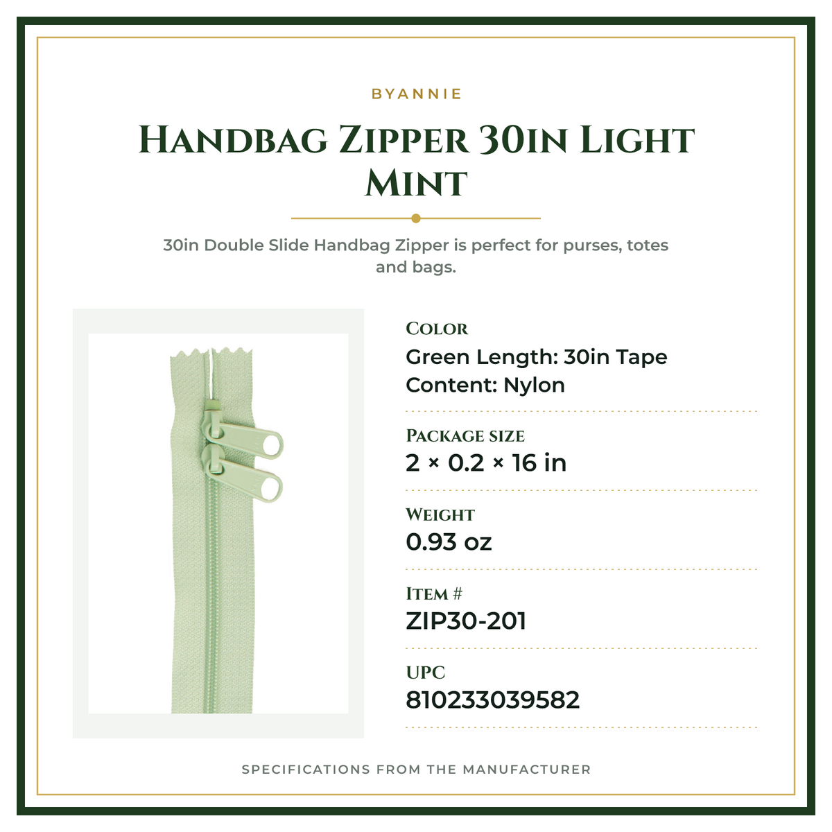 Product Specifications – Handbag Zipper 30in Light Mint