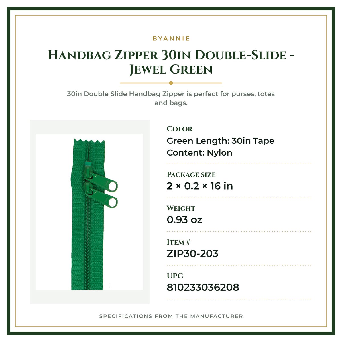Product Specifications – Handbag Zipper 30in Double-Slide - Jewel Green