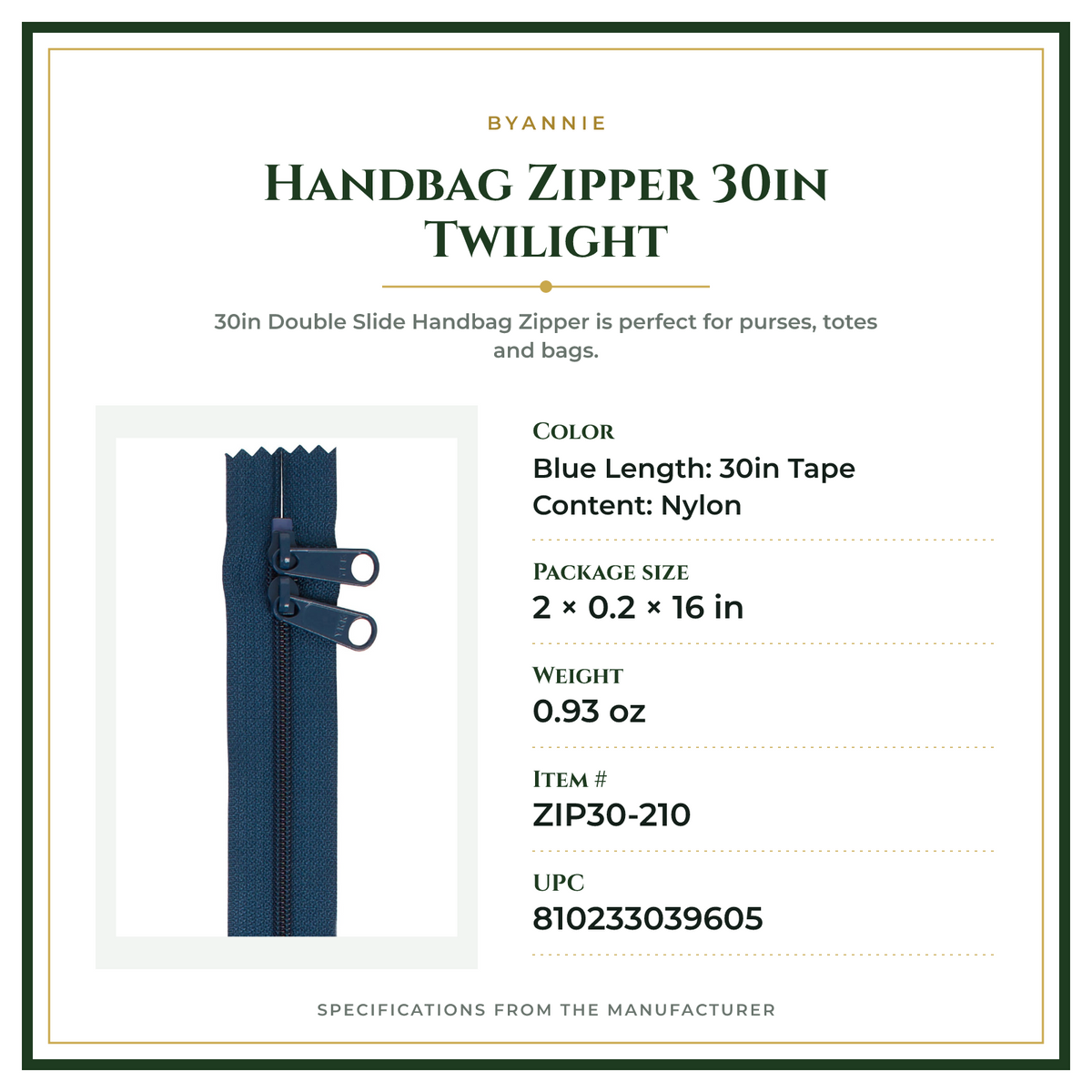 Product Specifications – Handbag Zipper 30in Twilight