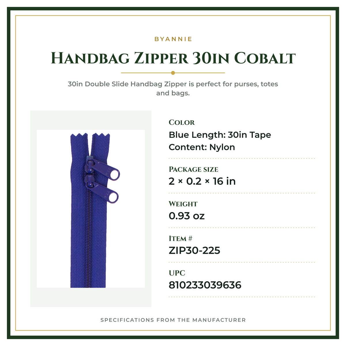 Product Specifications – Handbag Zipper 30in Cobalt