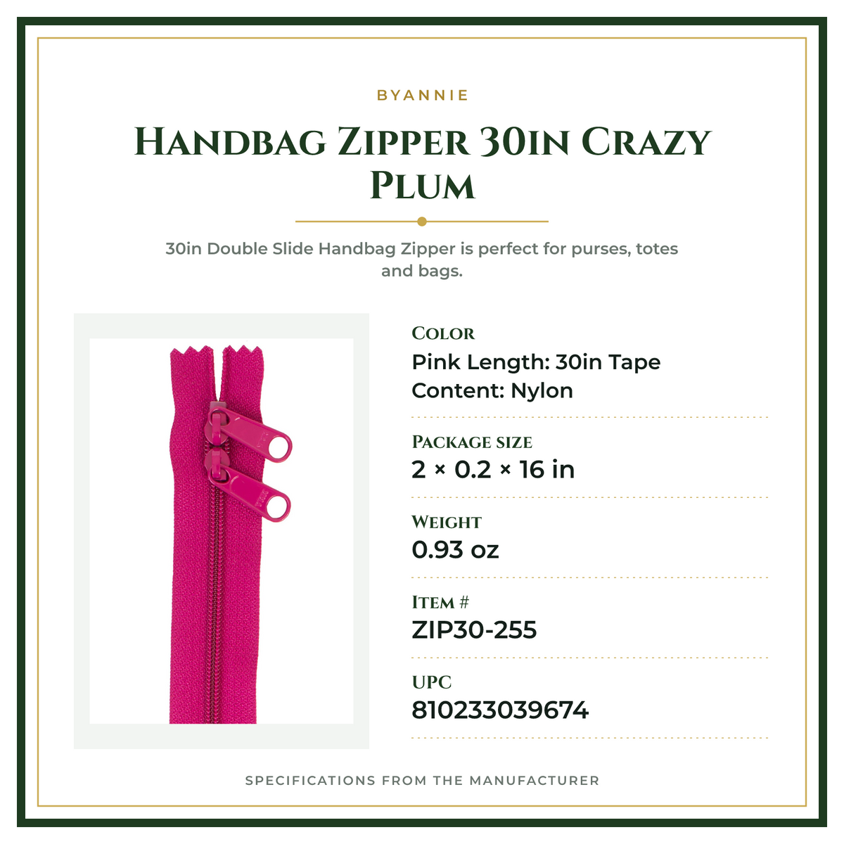 Product Specifications – Handbag Zipper 30in Crazy Plum