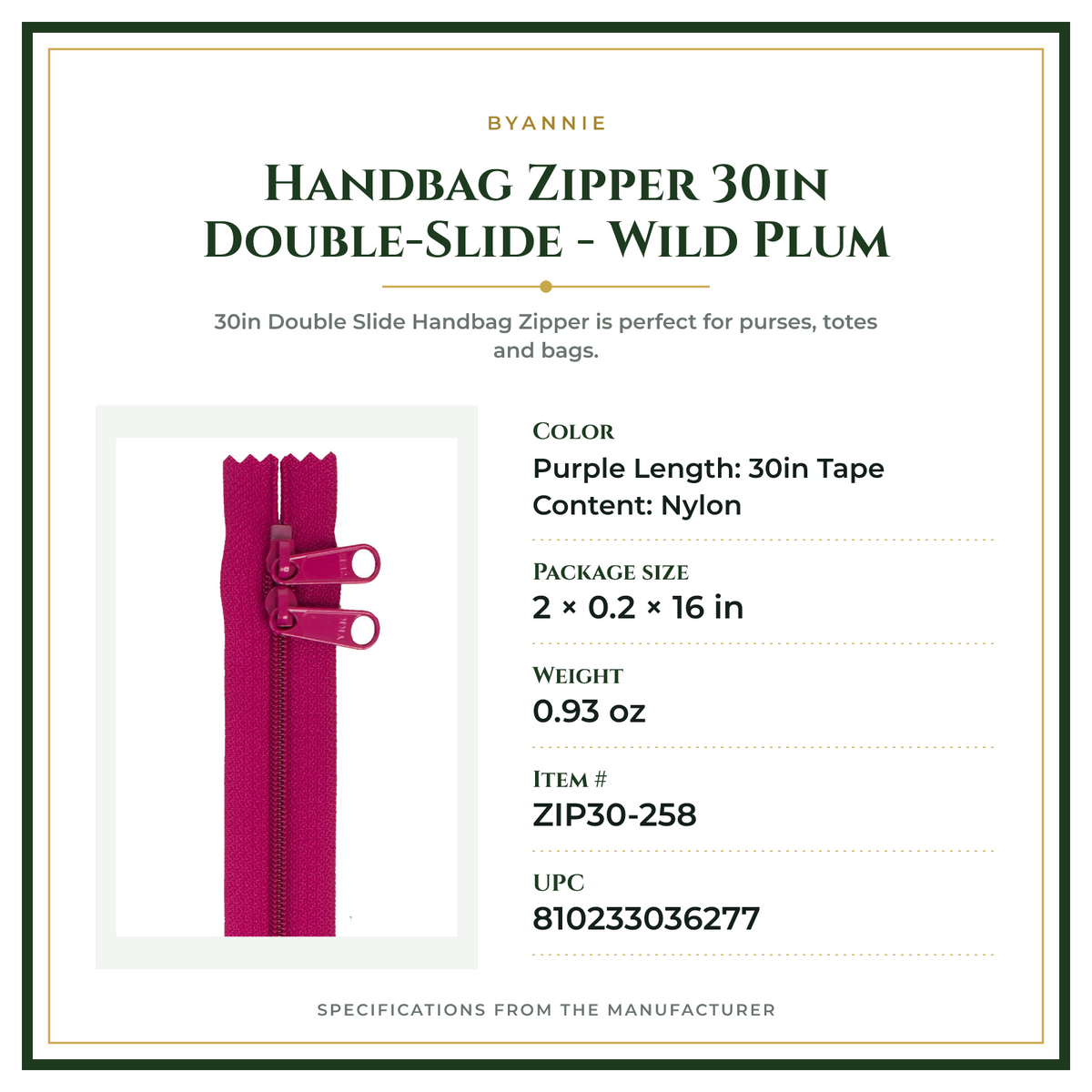 Product Specifications – Handbag Zipper 30in Double-Slide - Wild Plum