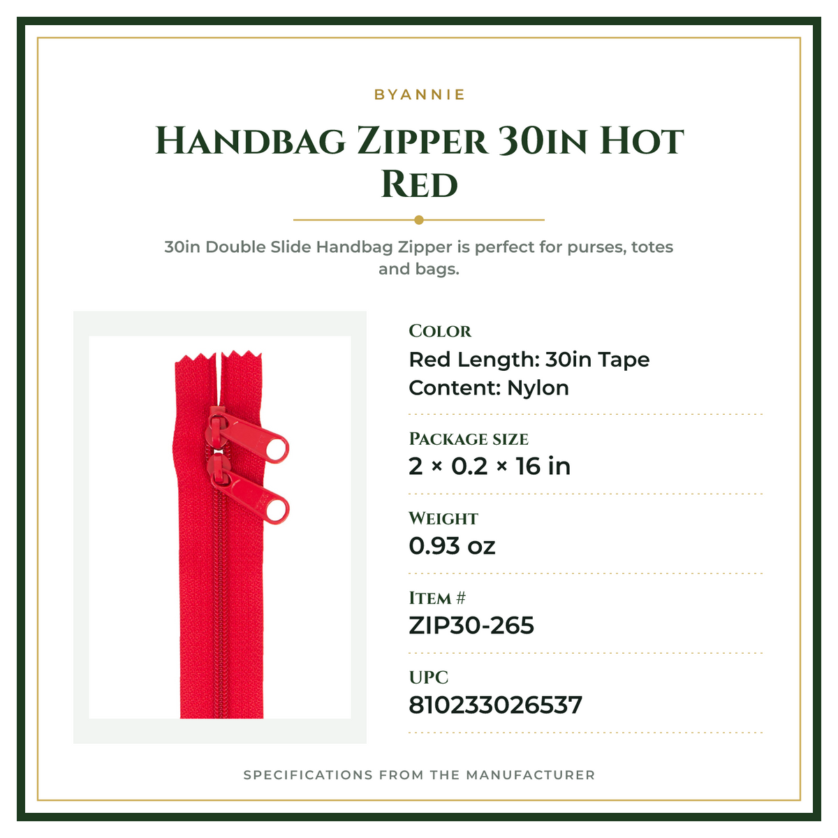 Product Specifications – Handbag Zipper 30in Hot Red