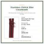 Product Specifications – Handbag Zipper 30in Cranberry