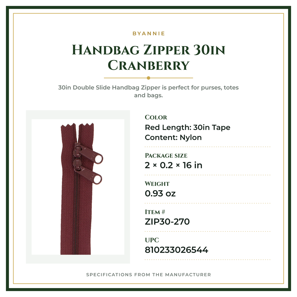 Product Specifications – Handbag Zipper 30in Cranberry