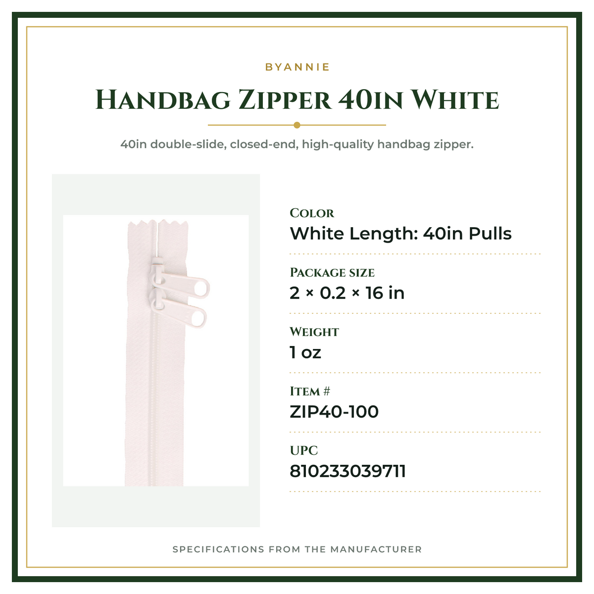 Product Specifications – Handbag Zipper 40in White