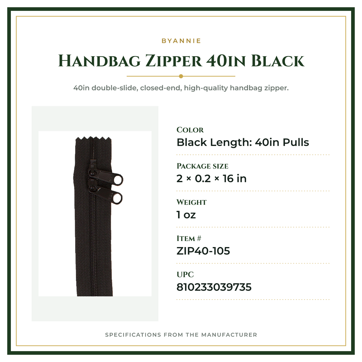 Product Specifications – Handbag Zipper 40in Black