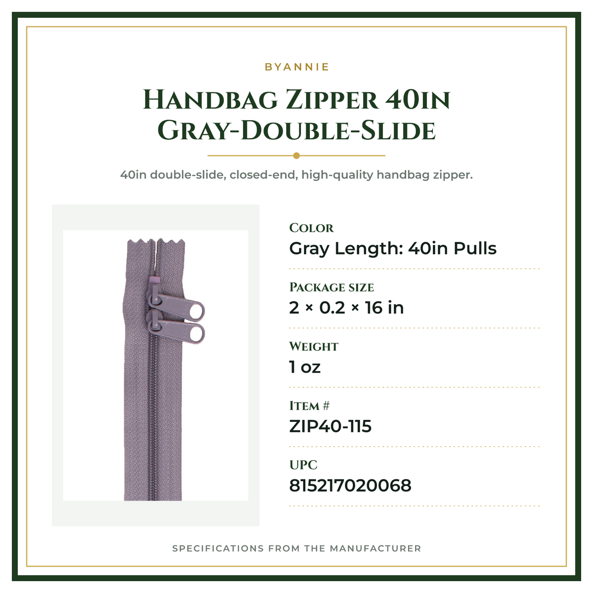 Product Specifications – Handbag Zipper 40in Gray-Double-Slide