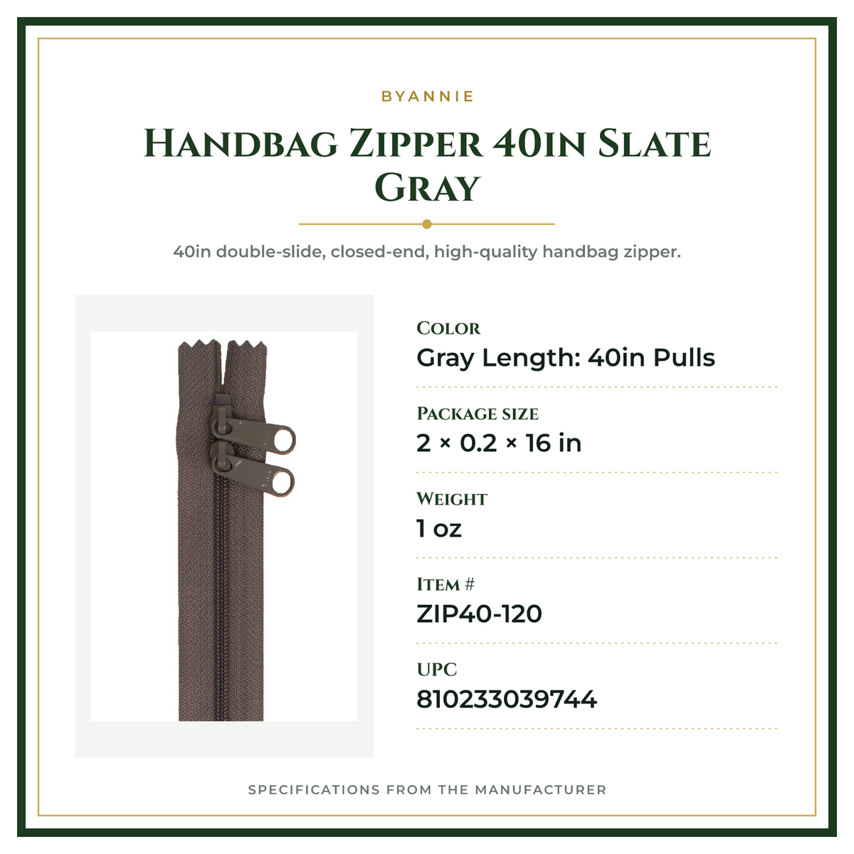 Product Specifications – Handbag Zipper 40in Slate Gray