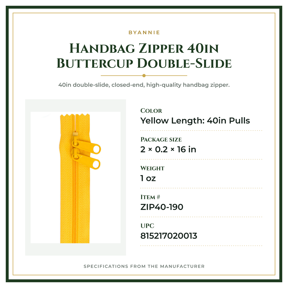 Product Specifications – Handbag Zipper 40in Buttercup Double-Slide