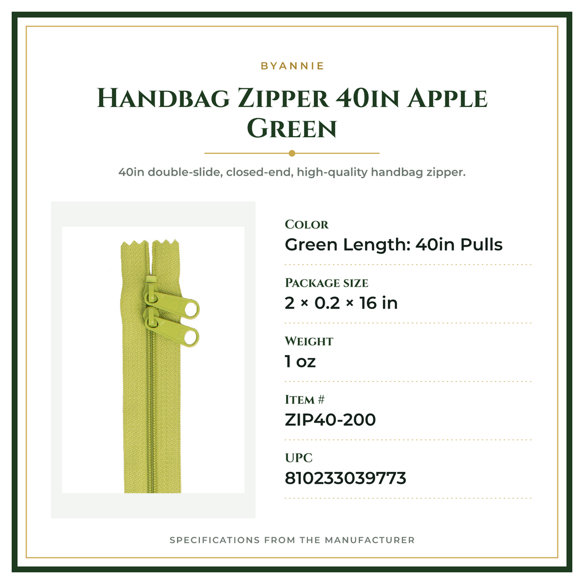 Product Specifications – Handbag Zipper 40in Apple Green