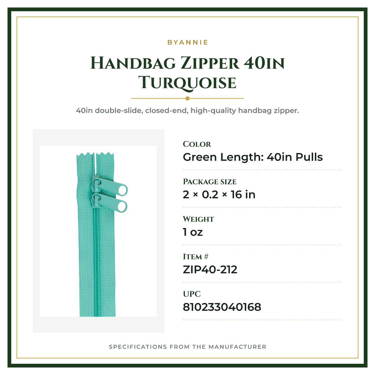 Product Specifications – Handbag Zipper 40in Turquoise