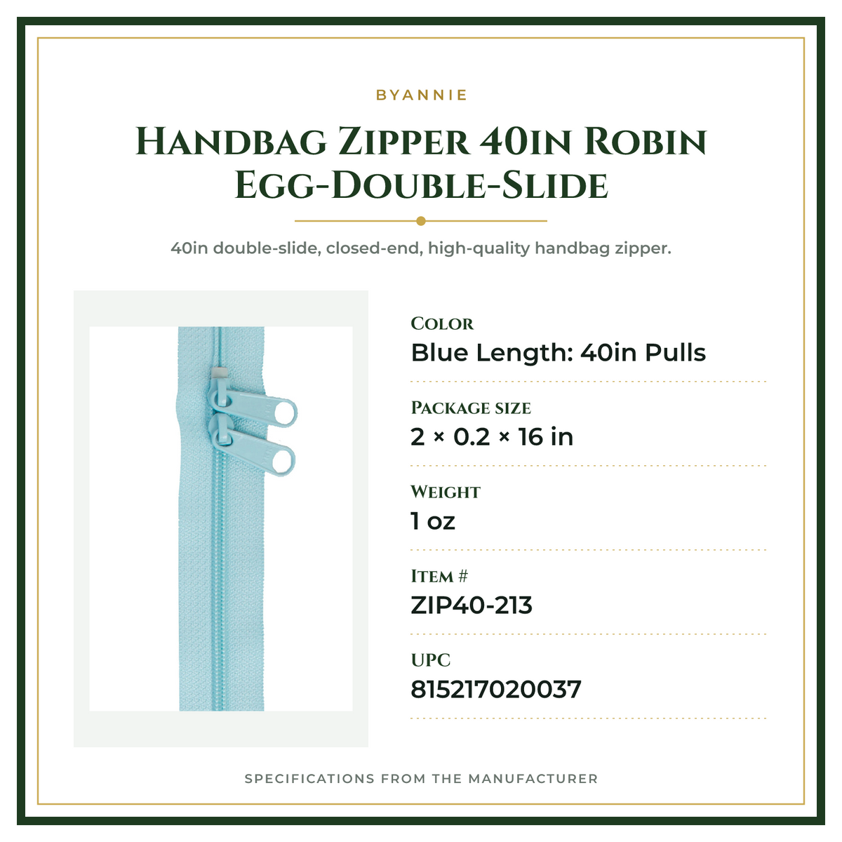 Product Specifications – Handbag Zipper 40in Robin Egg-Double-Slide