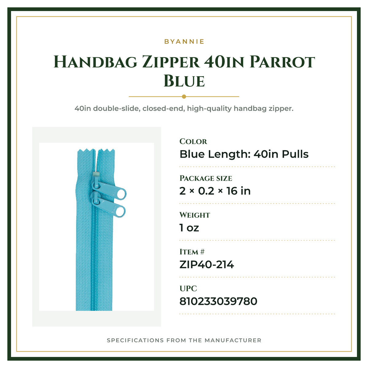 Product Specifications – Handbag Zipper 40in Parrot Blue