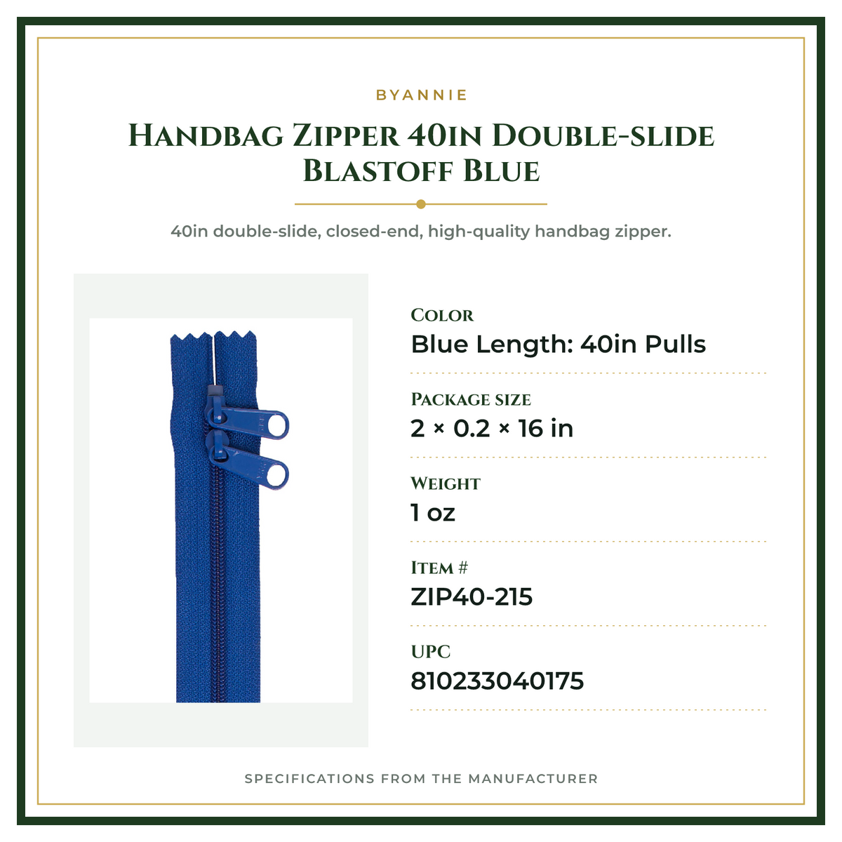 Product Specifications – Handbag Zipper 40in Double-slide Blastoff Blue