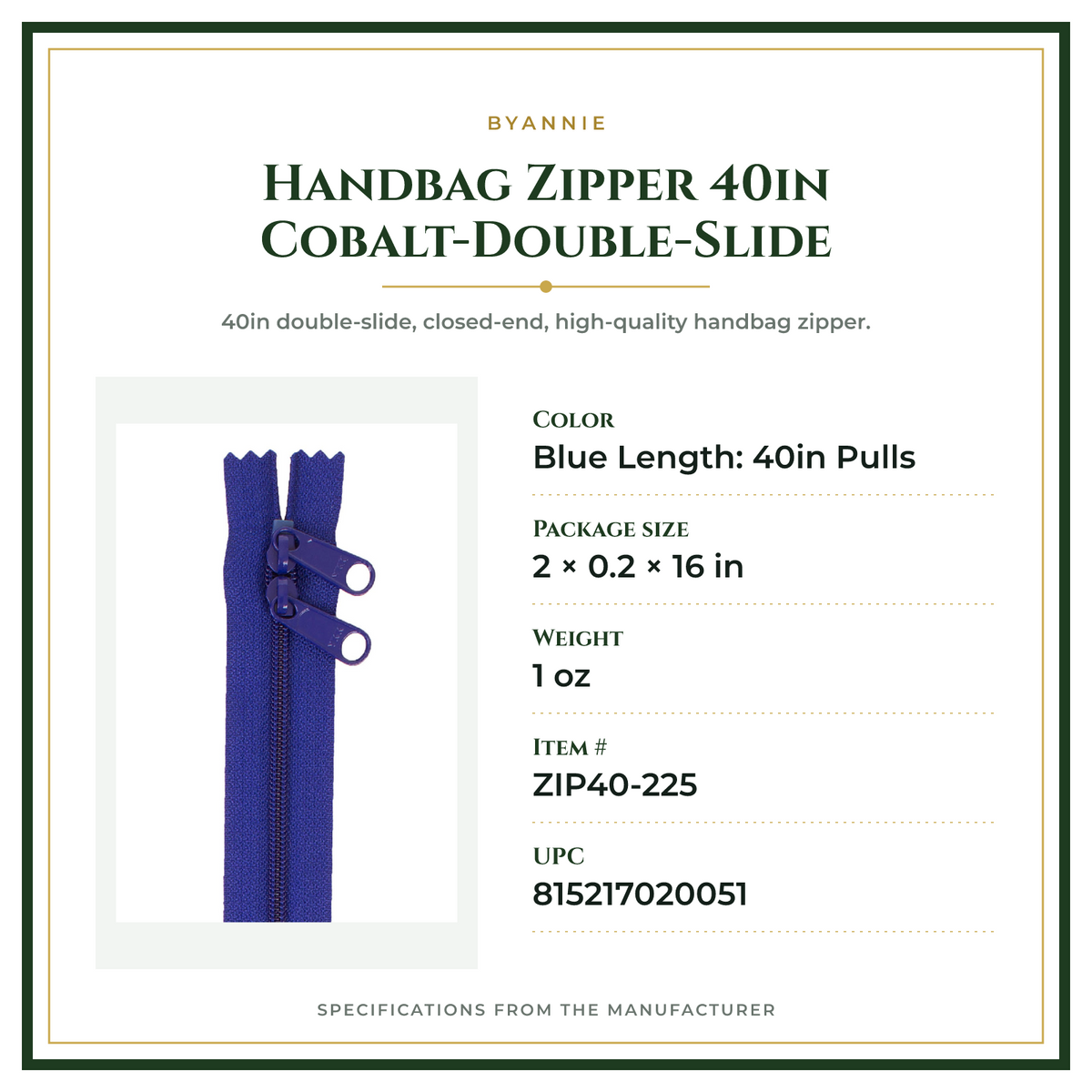 Product Specifications – Handbag Zipper 40in Cobalt-Double-Slide