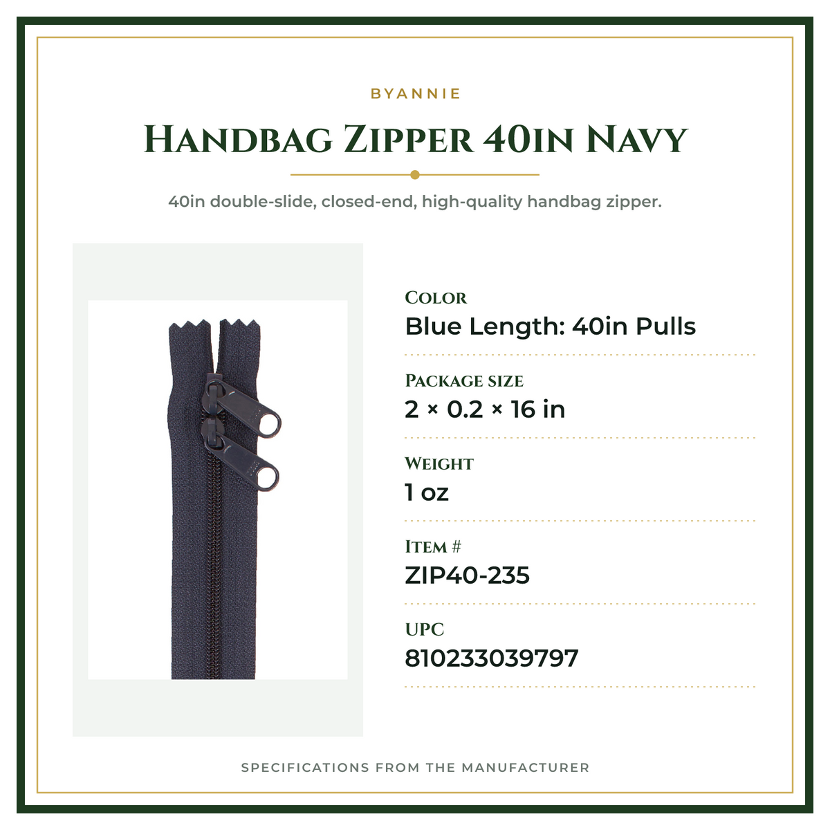 Product Specifications – Handbag Zipper 40in Navy