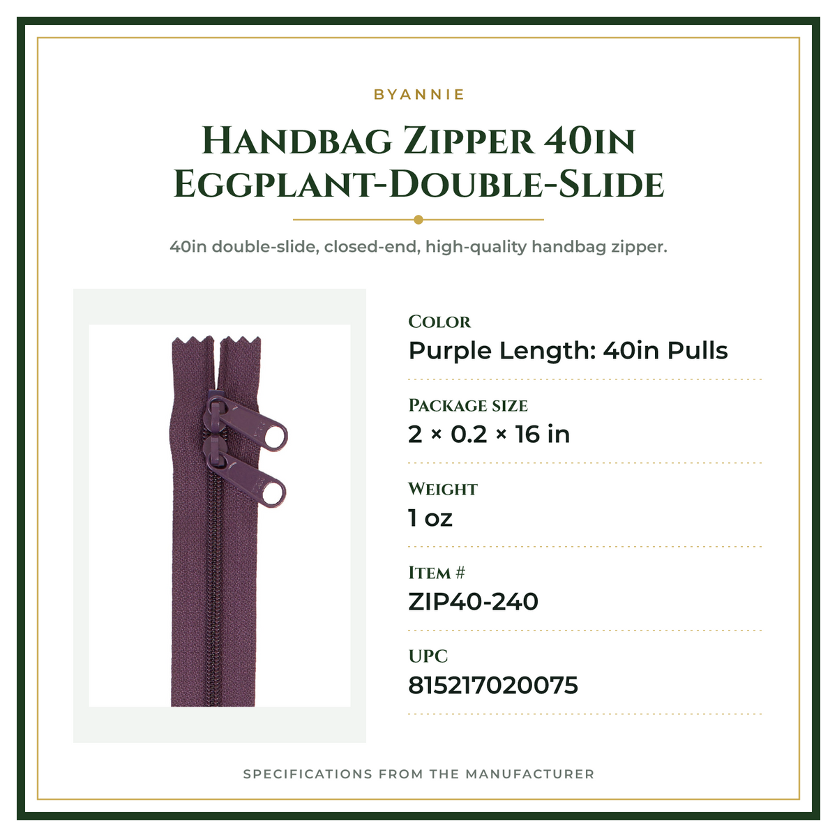 Product Specifications – Handbag Zipper 40in Eggplant-Double-Slide