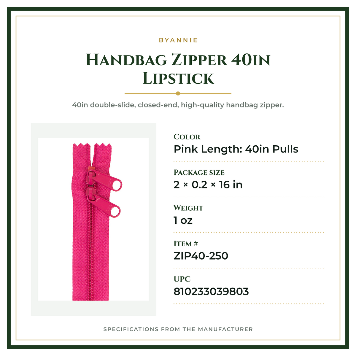 Product Specifications – Handbag Zipper 40in Lipstick