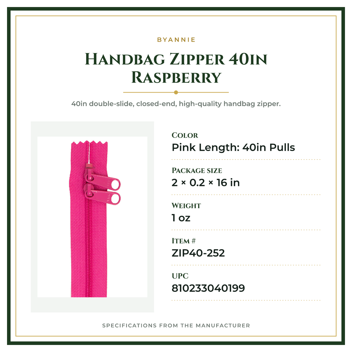Product Specifications – Handbag Zipper 40in Raspberry