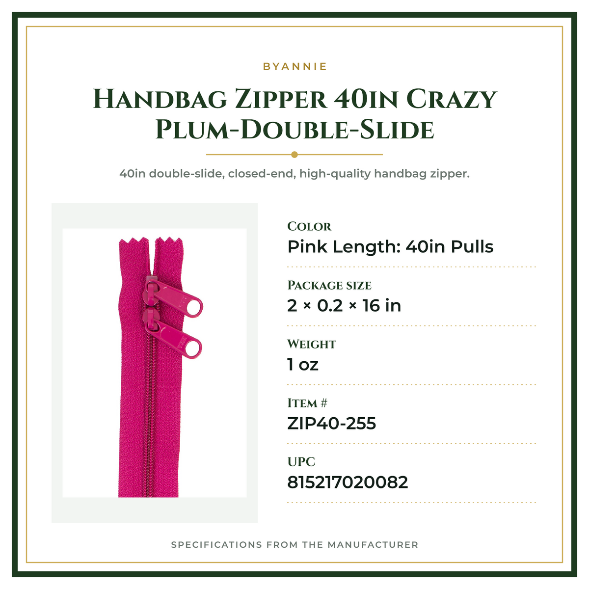 Product Specifications – Handbag Zipper 40in Crazy Plum-Double-Slide