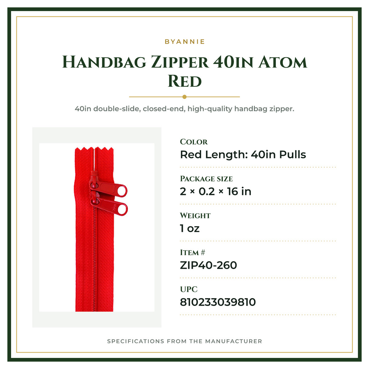 Product Specifications – Handbag Zipper 40in Atom Red