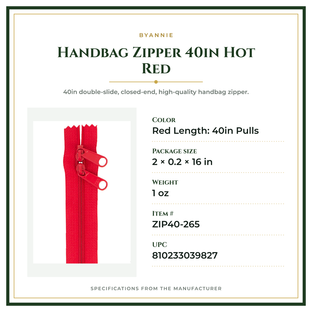 Product Specifications – Handbag Zipper 40in Hot Red