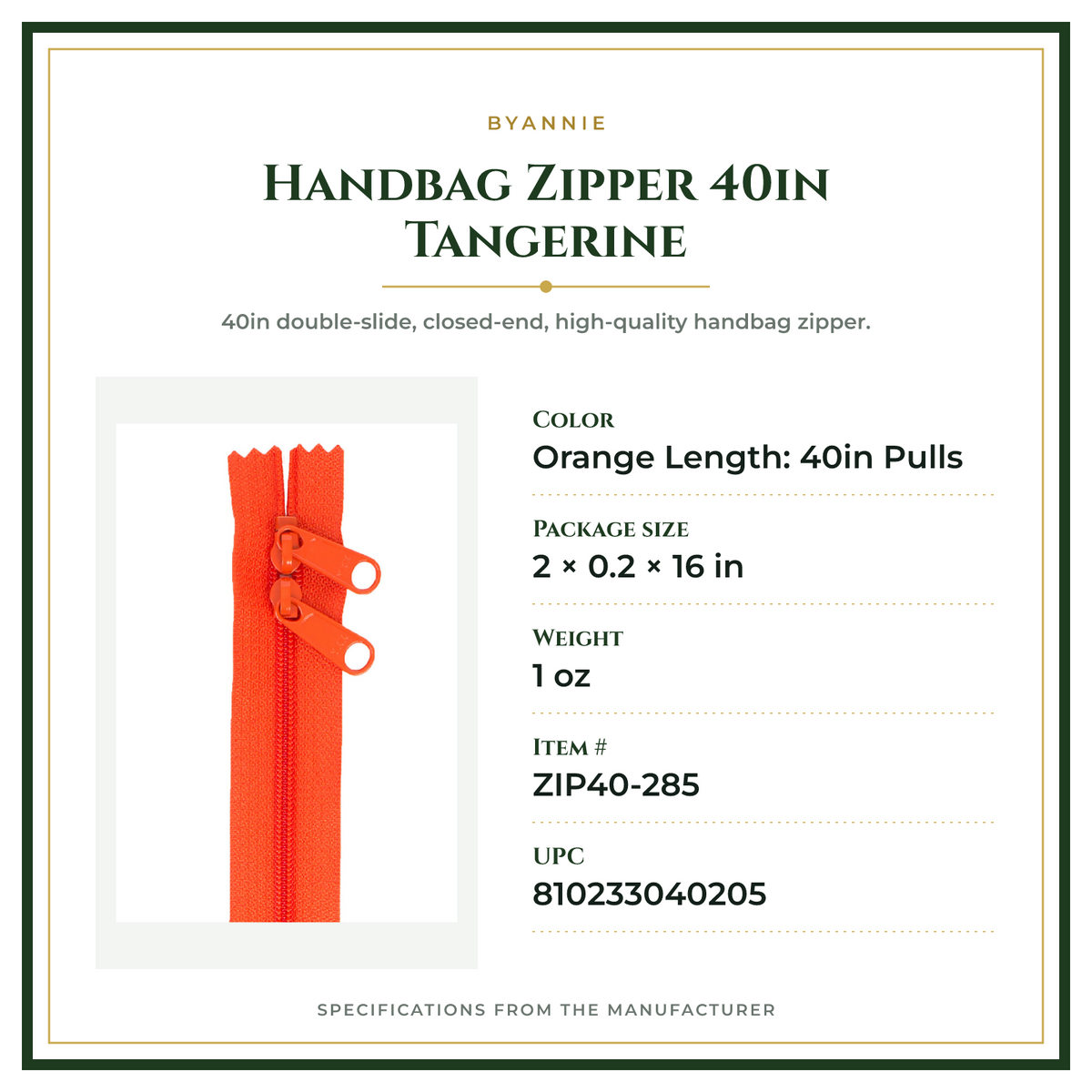 Product Specifications – Handbag Zipper 40in Tangerine