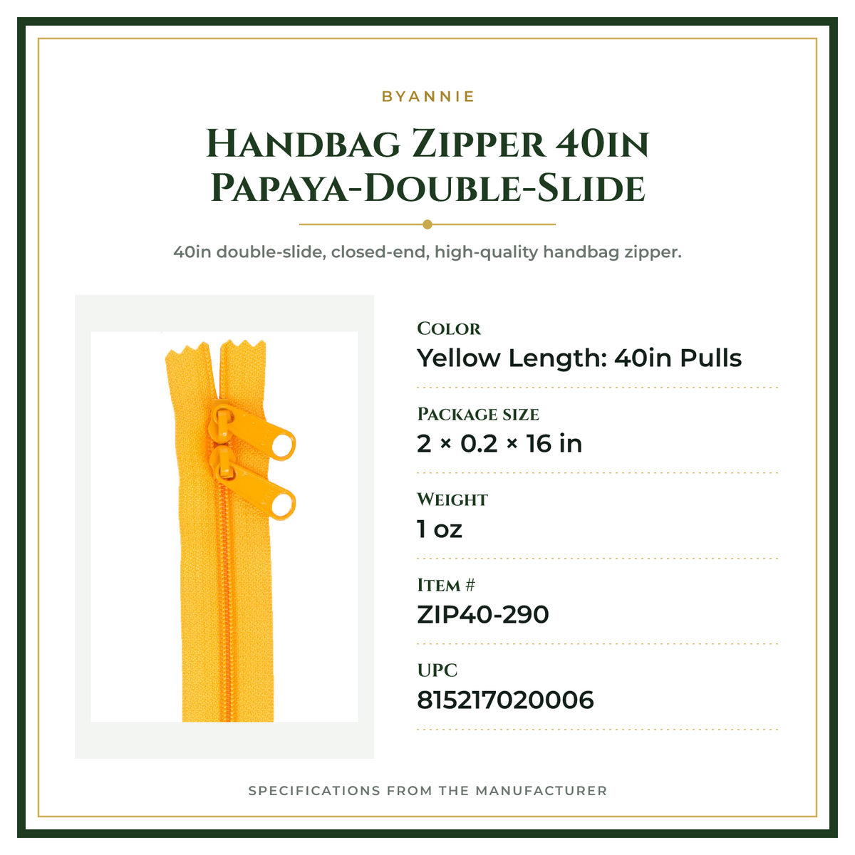 Product Specifications – Handbag Zipper 40in Papaya-Double-Slide