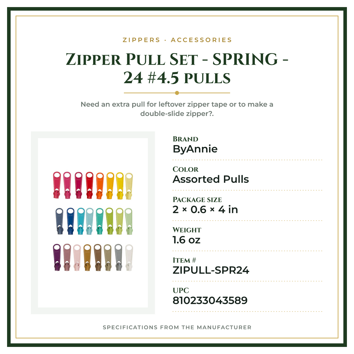 Product Specifications – Zipper Pull Set - SPRING - 24 #4.5 pulls