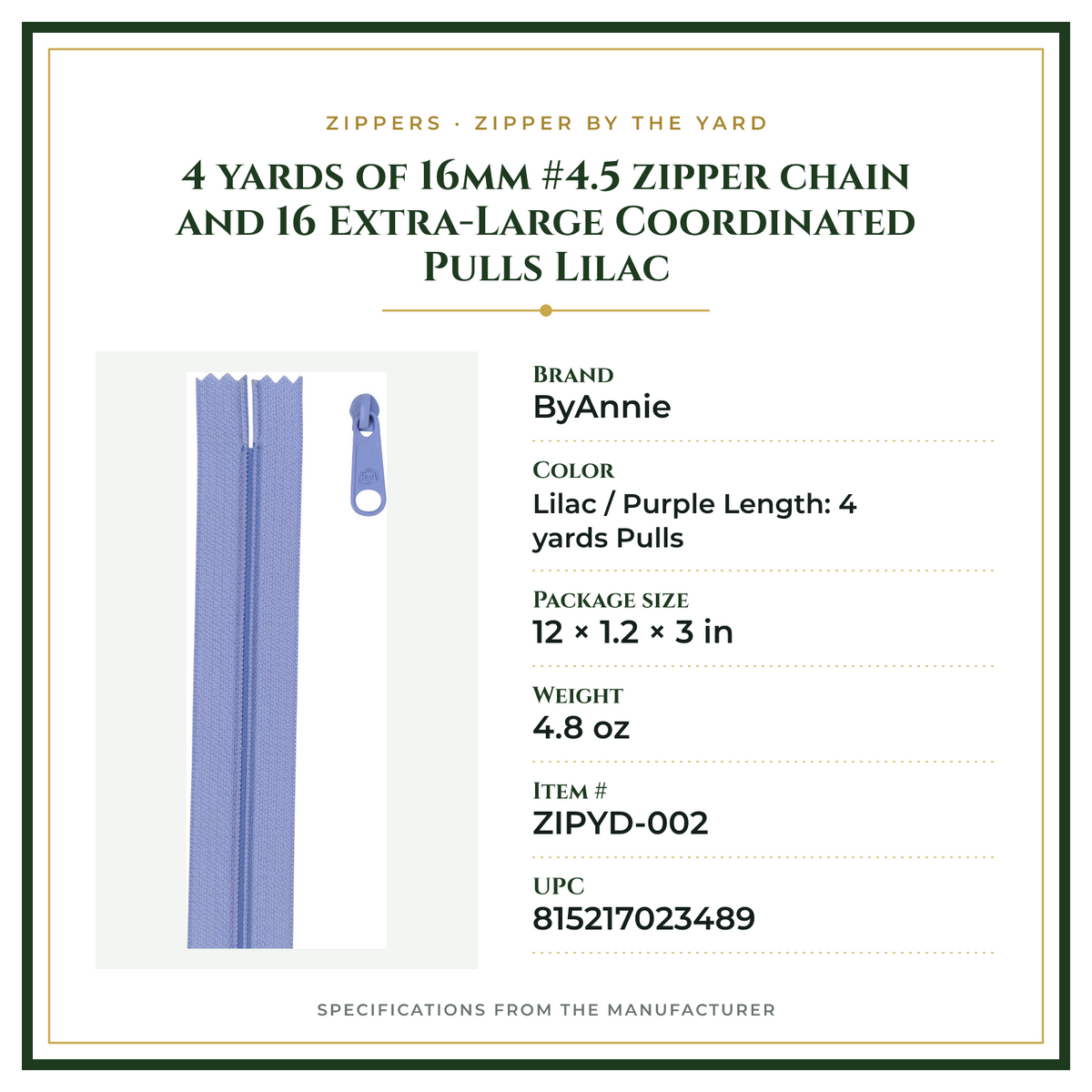 Product Specifications – 4 yards of 16mm #4.5 zipper chain and 16 Extra-Large Coordinated Pulls Lilac