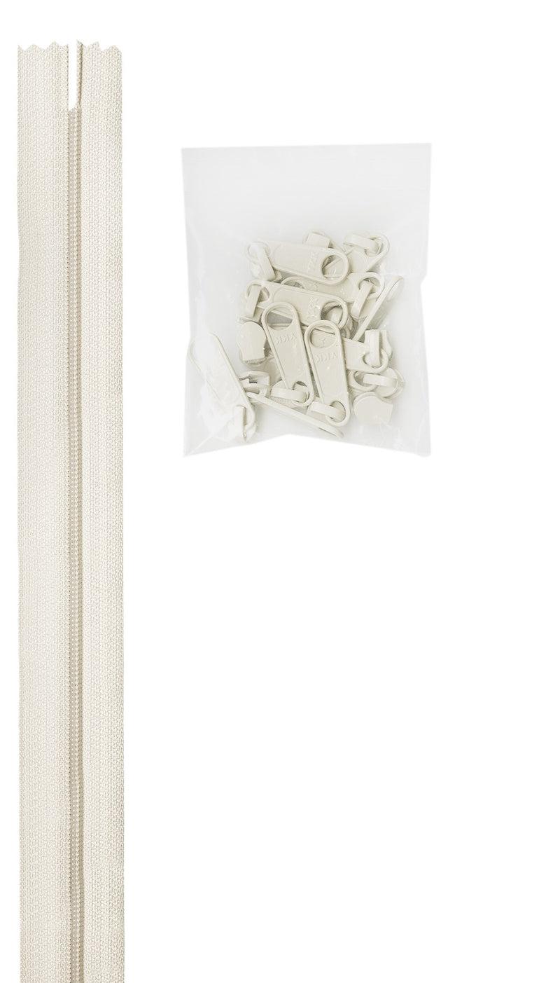 4 yards of 16mm #4.5 zipper chain and 16 Extra-Large Coordinated Pulls White