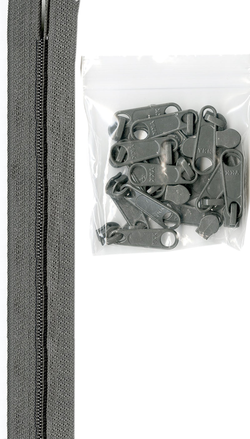 4 yards of 16mm #4.5 zipper chain and 16 Extra-Large Coordinated Pulls Pewter