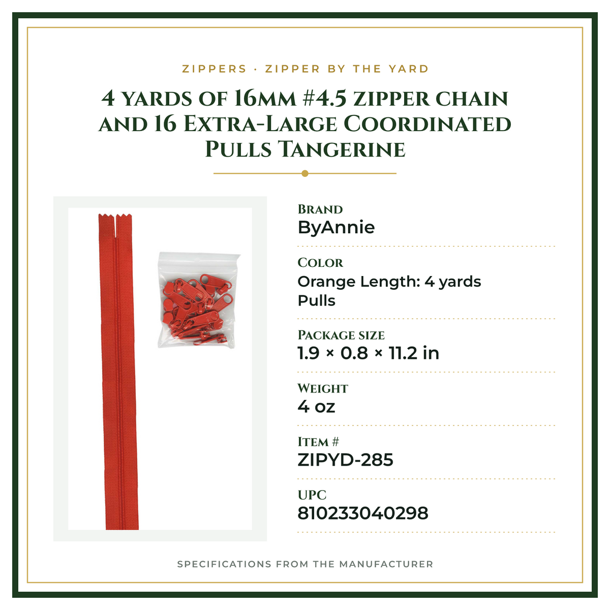 Product Specifications – 4 yards of 16mm #4.5 zipper chain and 16 Extra-Large Coordinated Pulls Tangerine